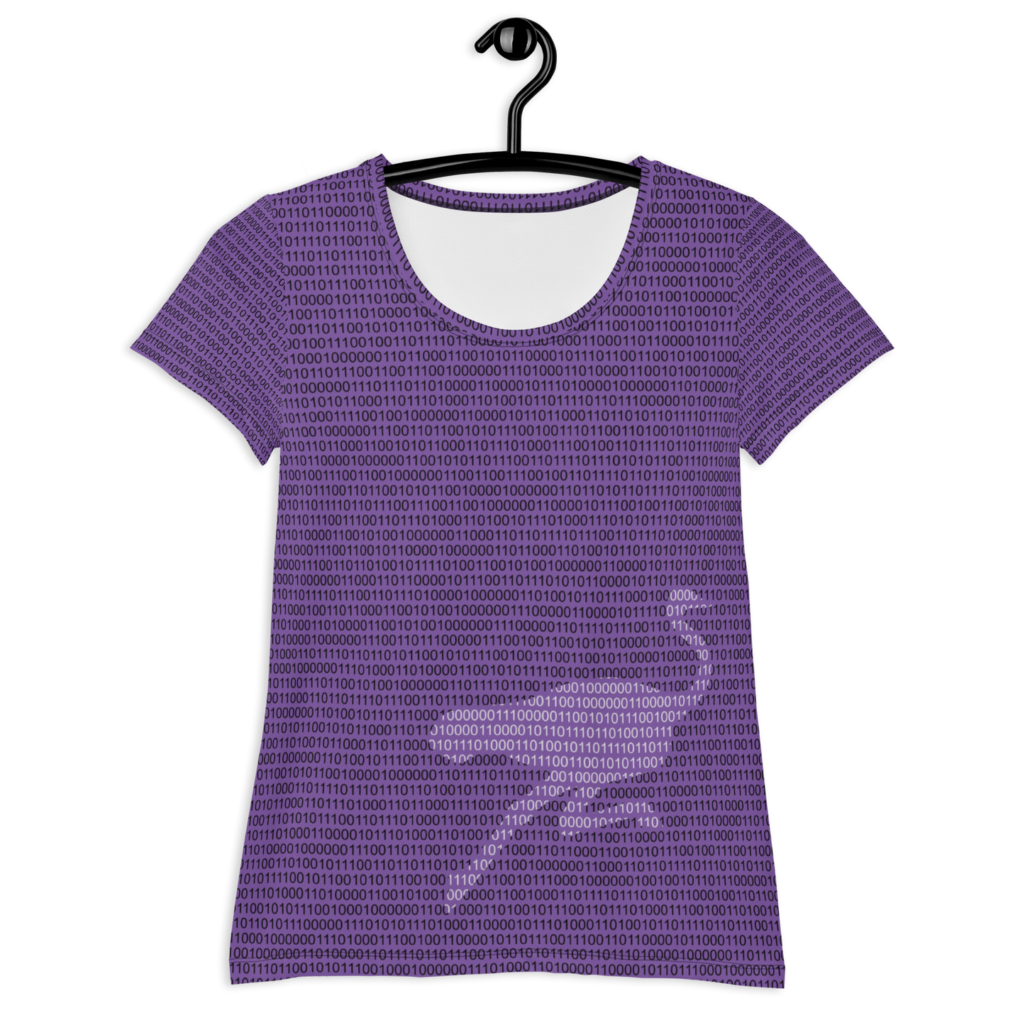 Front view of a purple nostr athletic shirt for women.