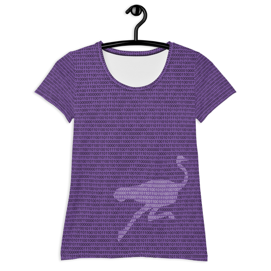 Front view of a purple nostr athletic shirt for women.