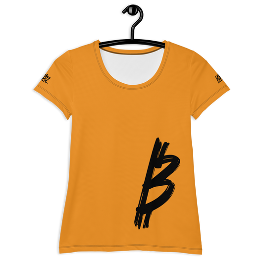 Front view of an orange bitcoin athletic shirt for women.