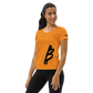 Front view of a woman wearing an orange bitcoin athletic shirt for women.