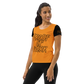 Front view of a woman wearing an orange and black bitcoin athletic shirt for women.