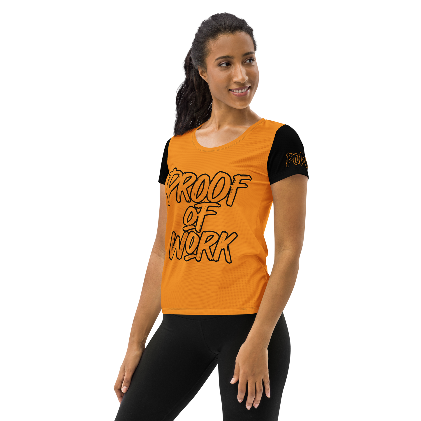 Front view of a woman wearing an orange and black bitcoin athletic shirt for women.