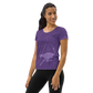 Front view of a woman wearing a purple nostr athletic shirt for women.