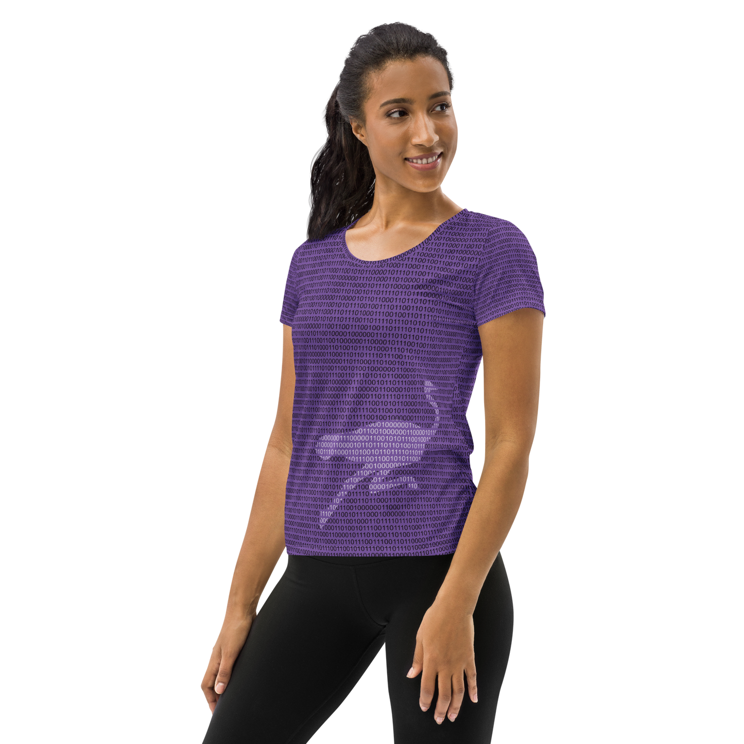 Front view of a woman wearing a purple nostr athletic shirt for women.