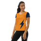 Front view of a woman wearing an orange and navy blue bitcoin athletic shirt for women.