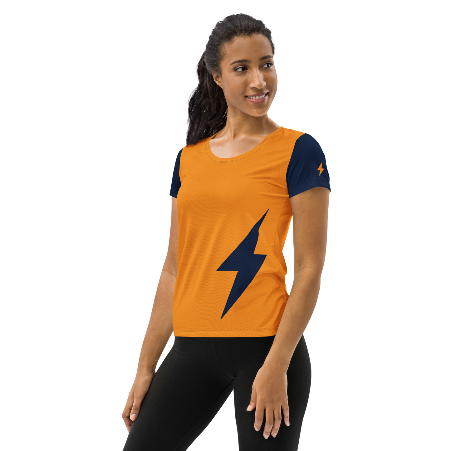 Front view of a woman wearing an orange and navy blue bitcoin athletic shirt for women.