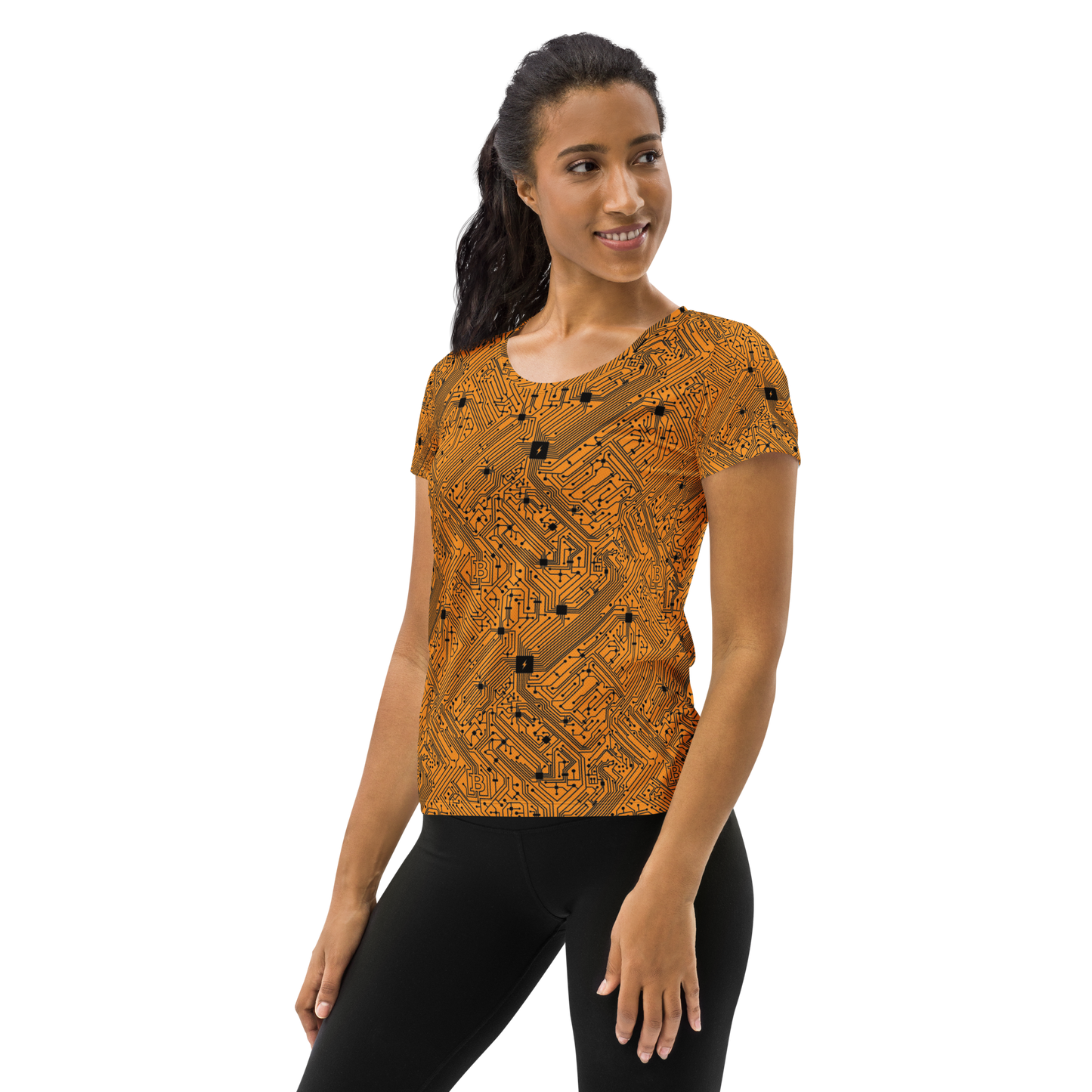 Front view of a woman wearing an orange bitcoin athletic shirt for women.