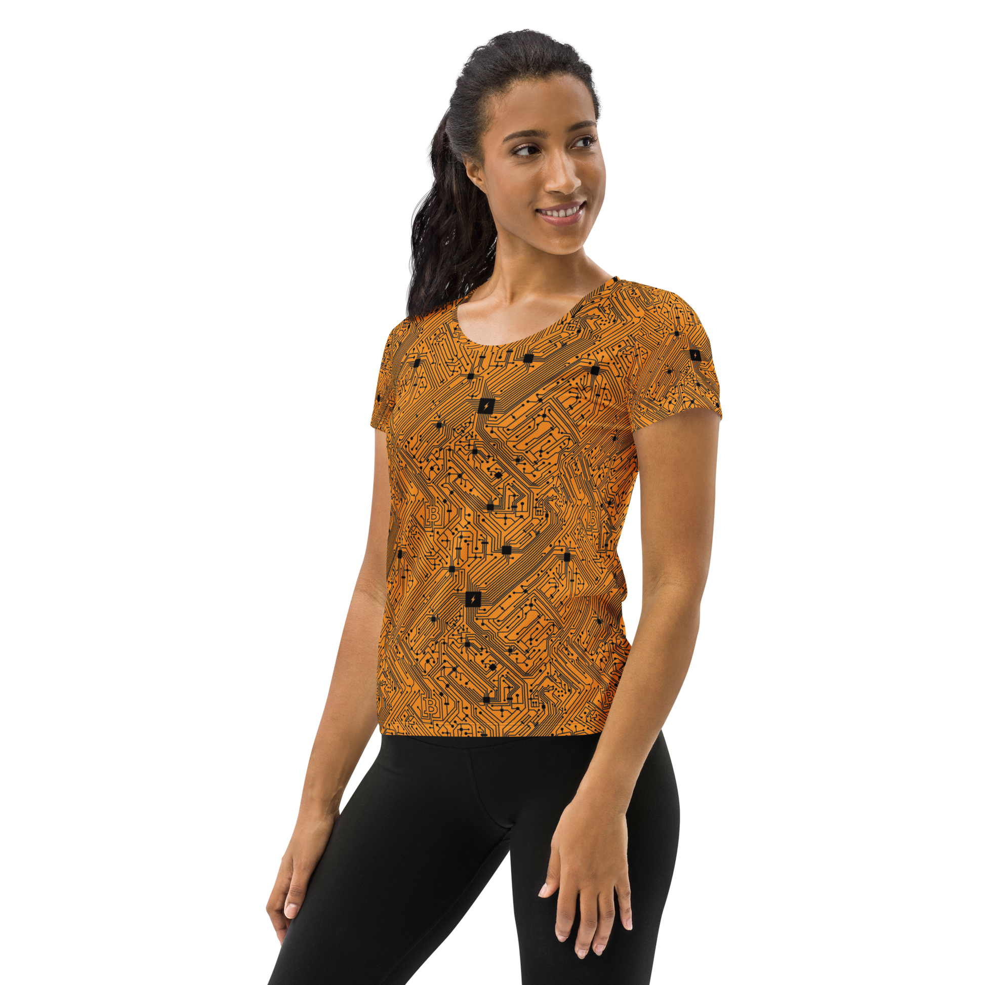 Front view of a woman wearing an orange bitcoin athletic shirt for women.