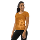 Front view of a woman wearing an orange bitcoin athletic shirt for women.