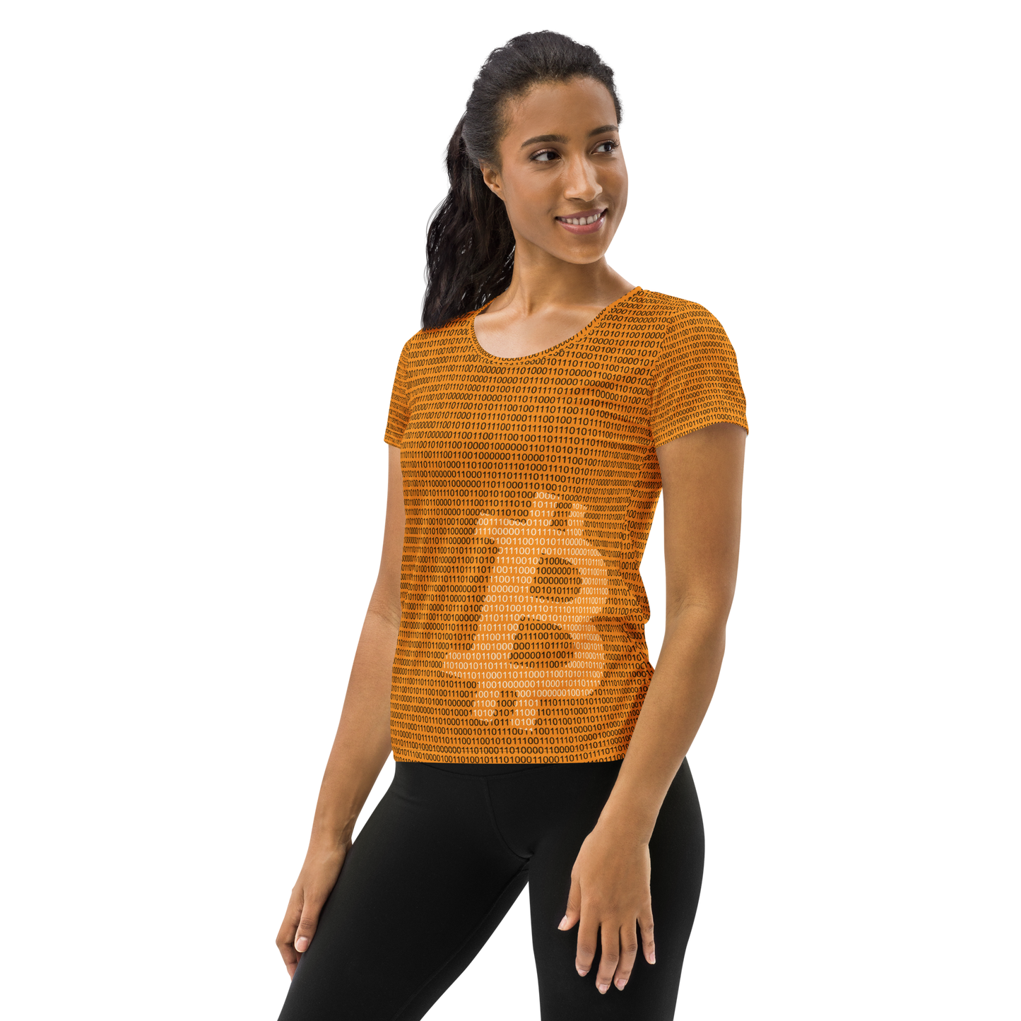 Front view of a woman wearing an orange bitcoin athletic shirt for women.