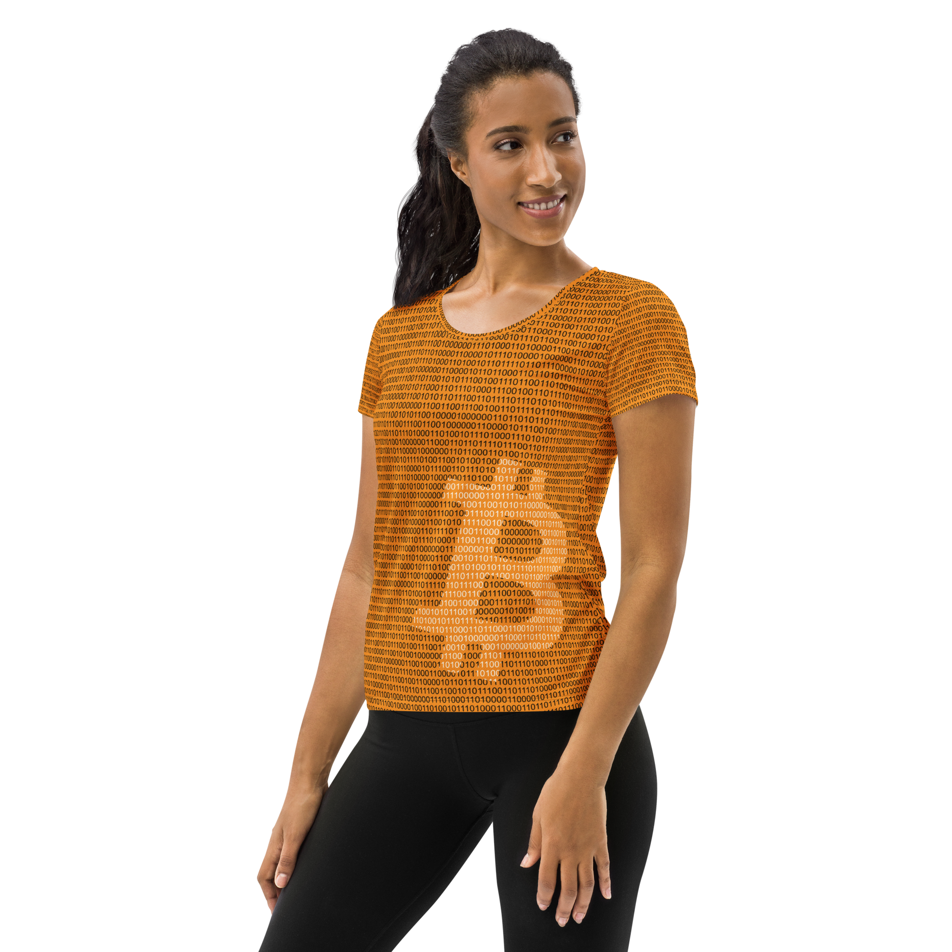 Front view of a woman wearing an orange bitcoin athletic shirt for women.