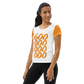 Front view of a woman wearing a white and orange bitcoin athletic shirt for women.