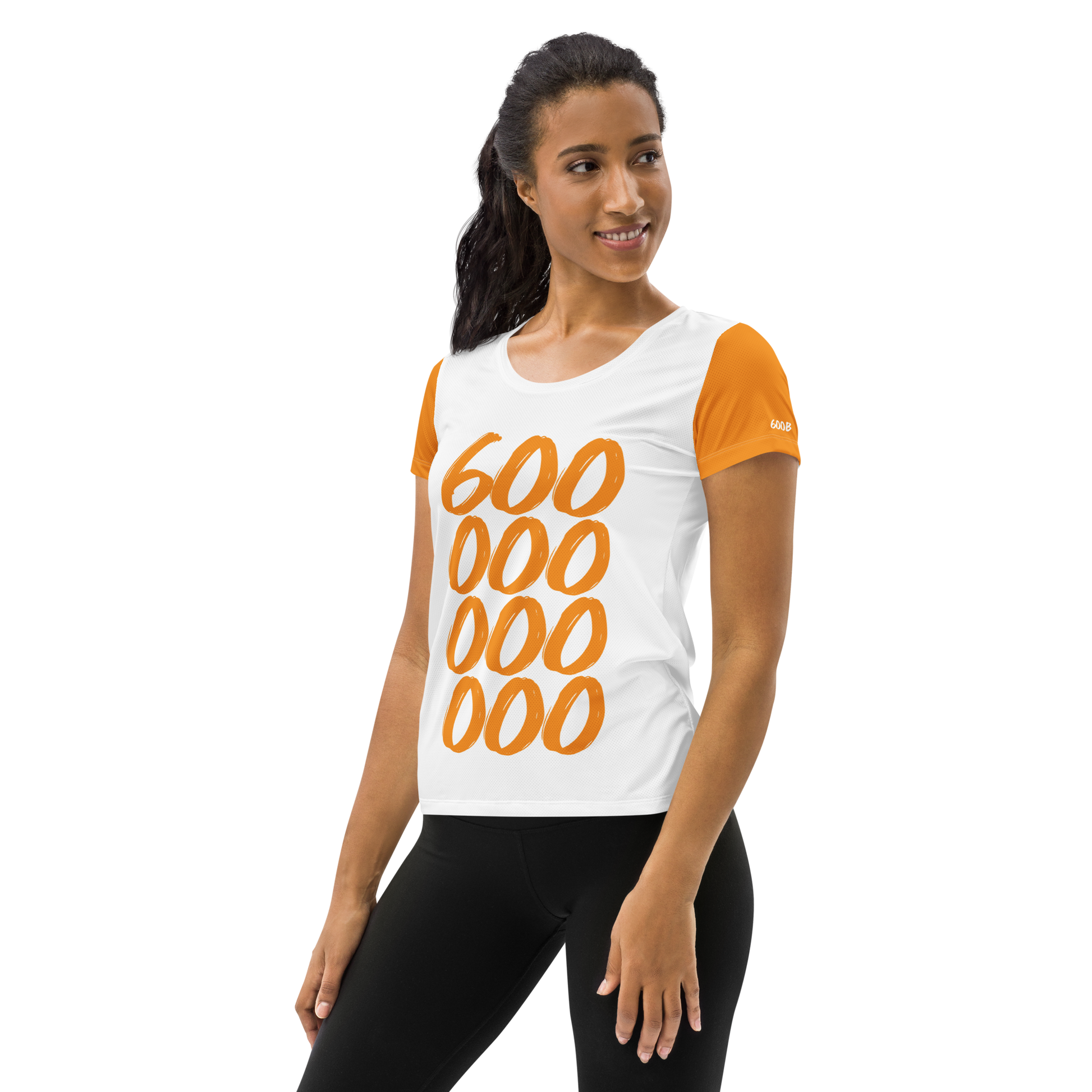 Front view of a woman wearing a white and orange bitcoin athletic shirt for women.