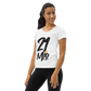 Front view of a woman wearing a white bitcoin athletic shirt for women.