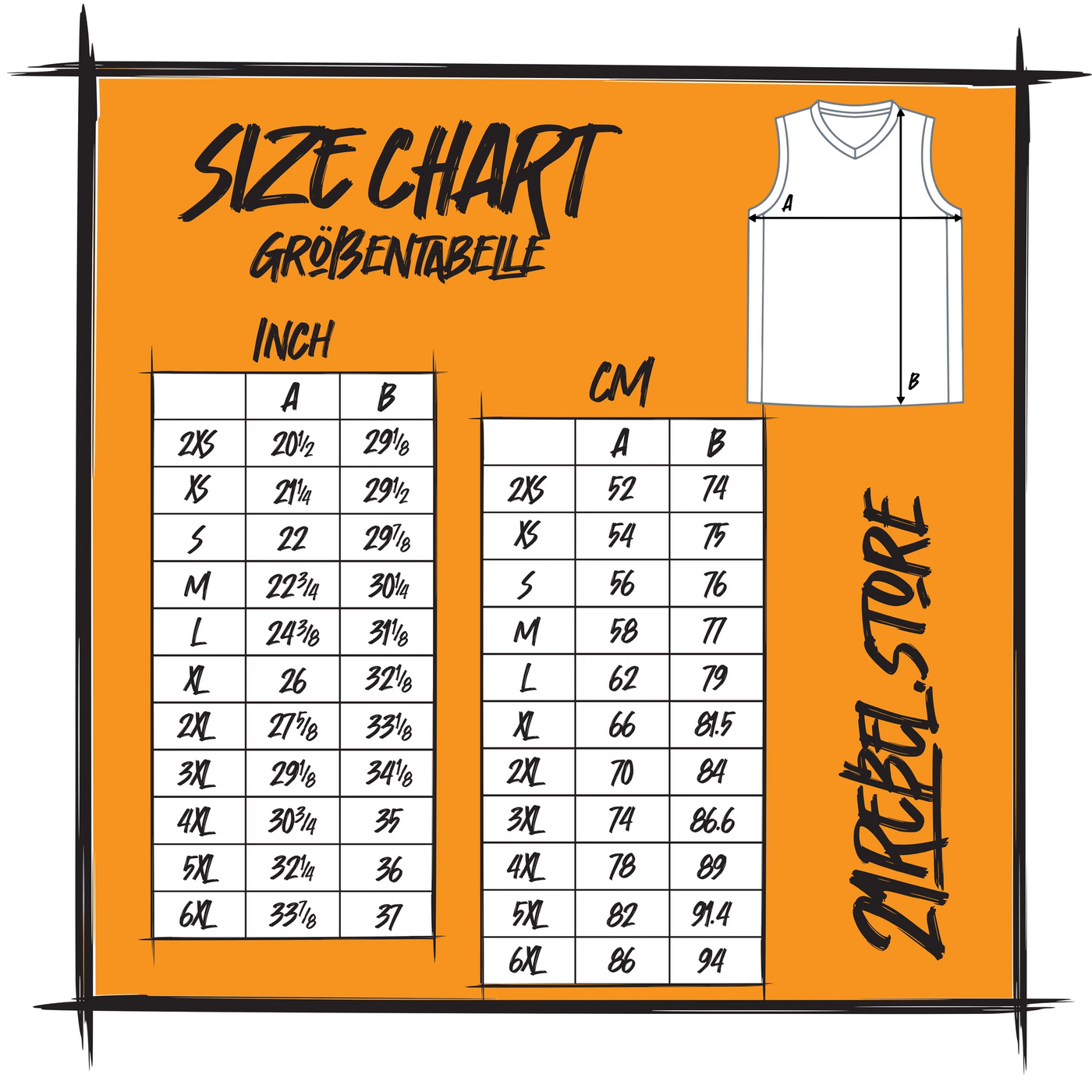 Size chart for the 21Rebel basketball jersey, sizes 2XS to 6XL in inches and centimetres. A is the chest width from 52 to 86 cm and B the length from 74 to 94 cm.