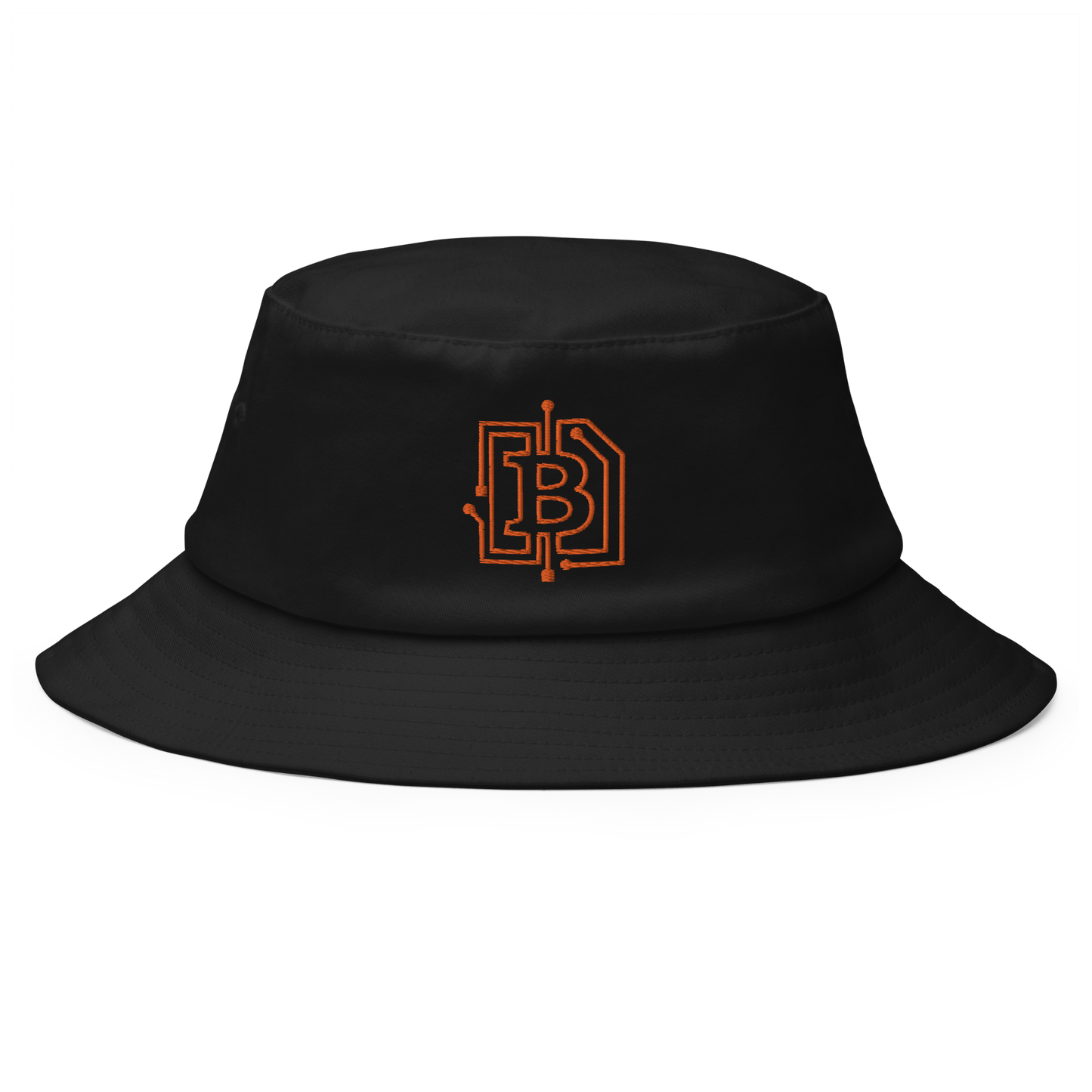 Front view of a black bitcoin bucket hat.