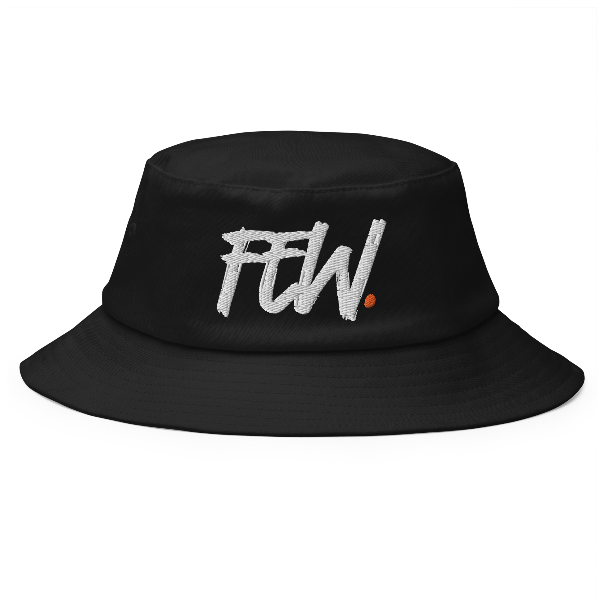 Front view of a black bitcoin bucket hat.