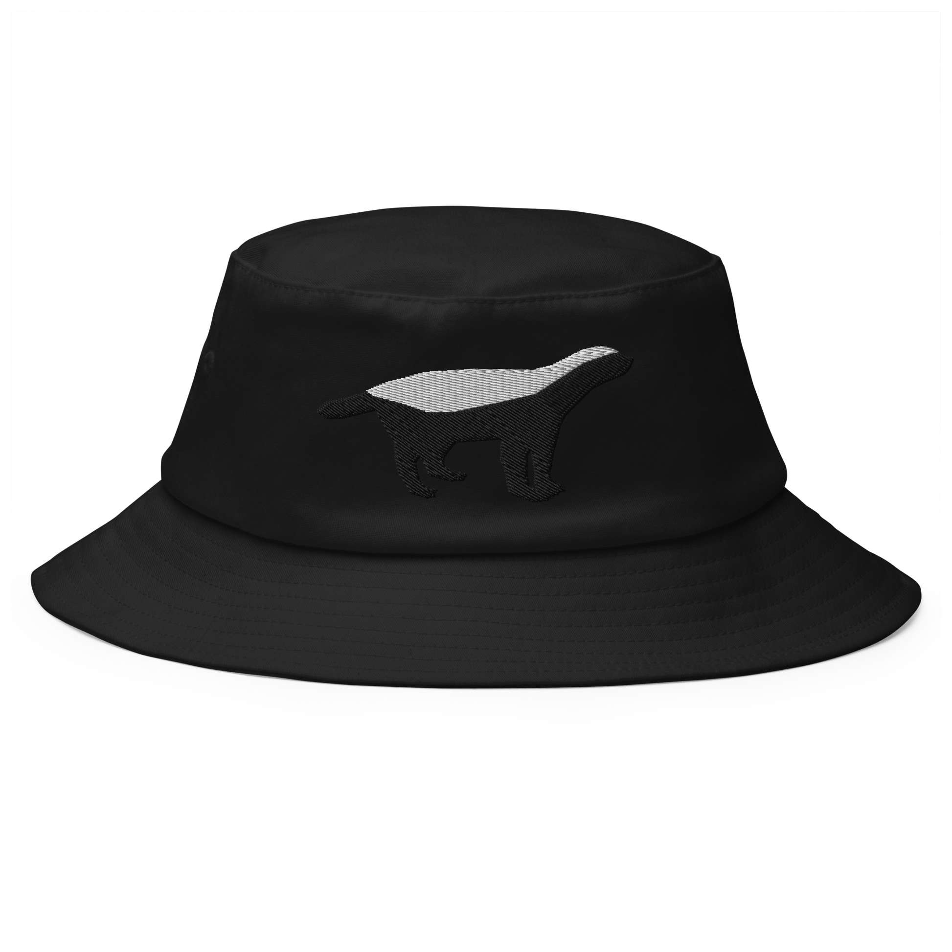 Front view of a black bitcoin bucket hat.