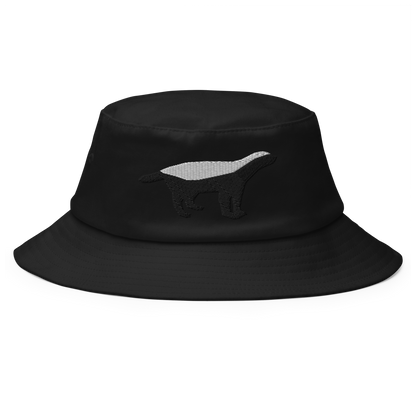 Front view of a black bitcoin bucket hat.