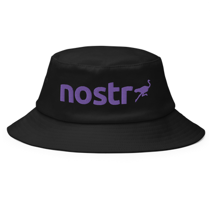 Front view of a black bitcoin bucket hat.