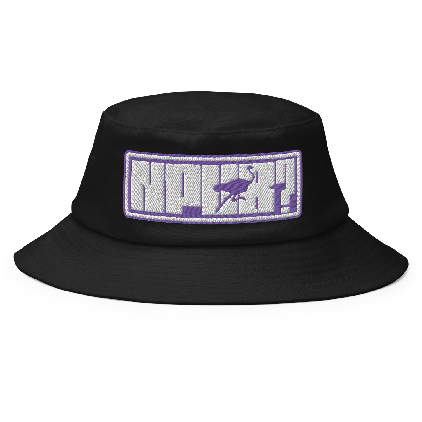 Front view of a black bitcoin bucket hat.