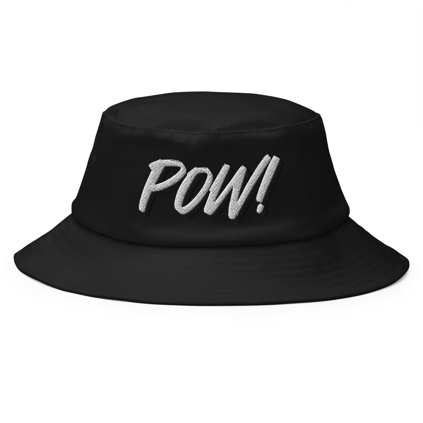 Front view of a black bitcoin bucket hat.