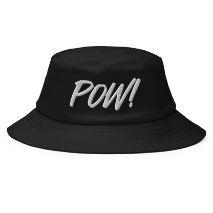 Front view of a black bitcoin bucket hat.