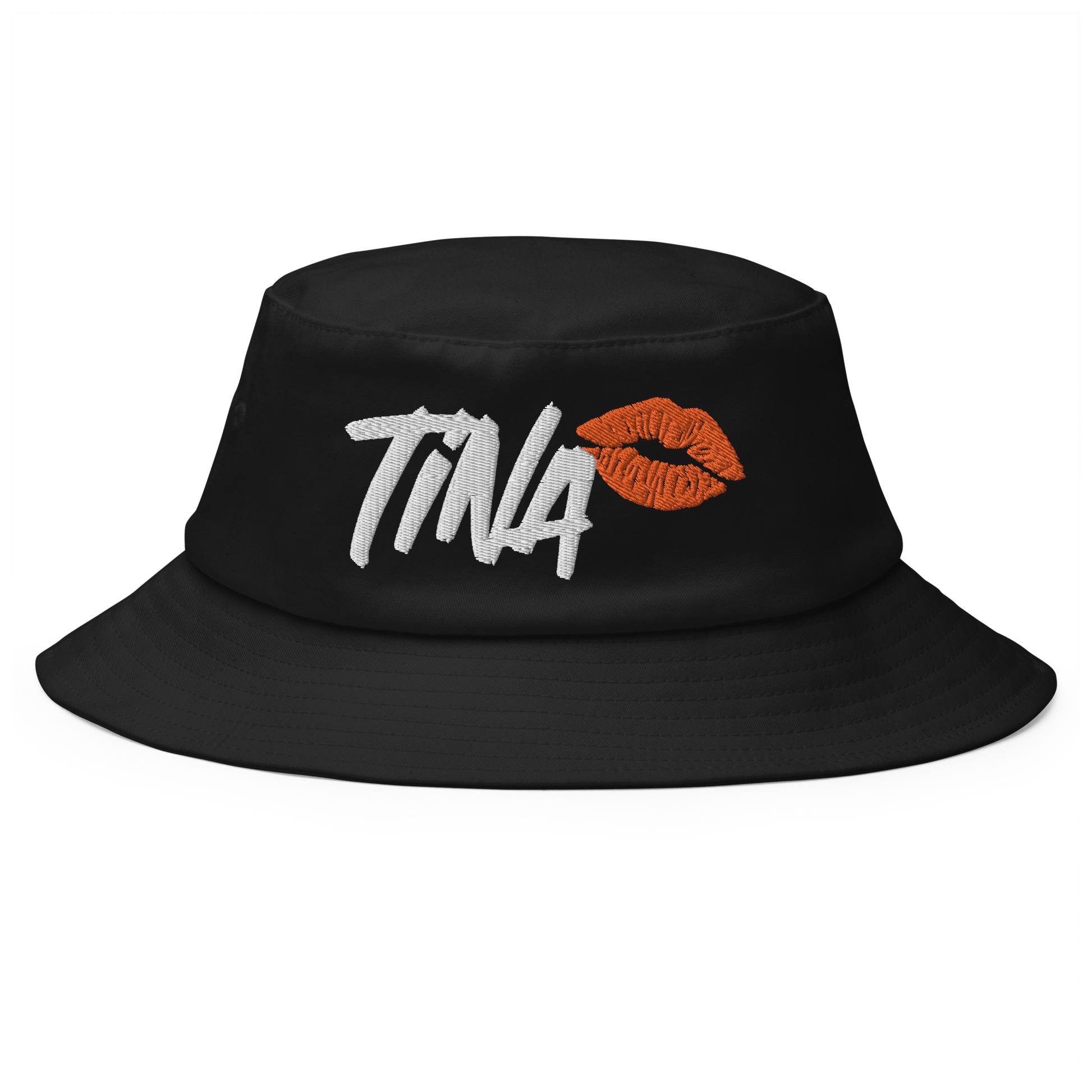 Front view of a black bitcoin bucket hat.