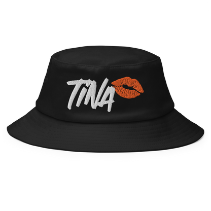 Front view of a black bitcoin bucket hat.