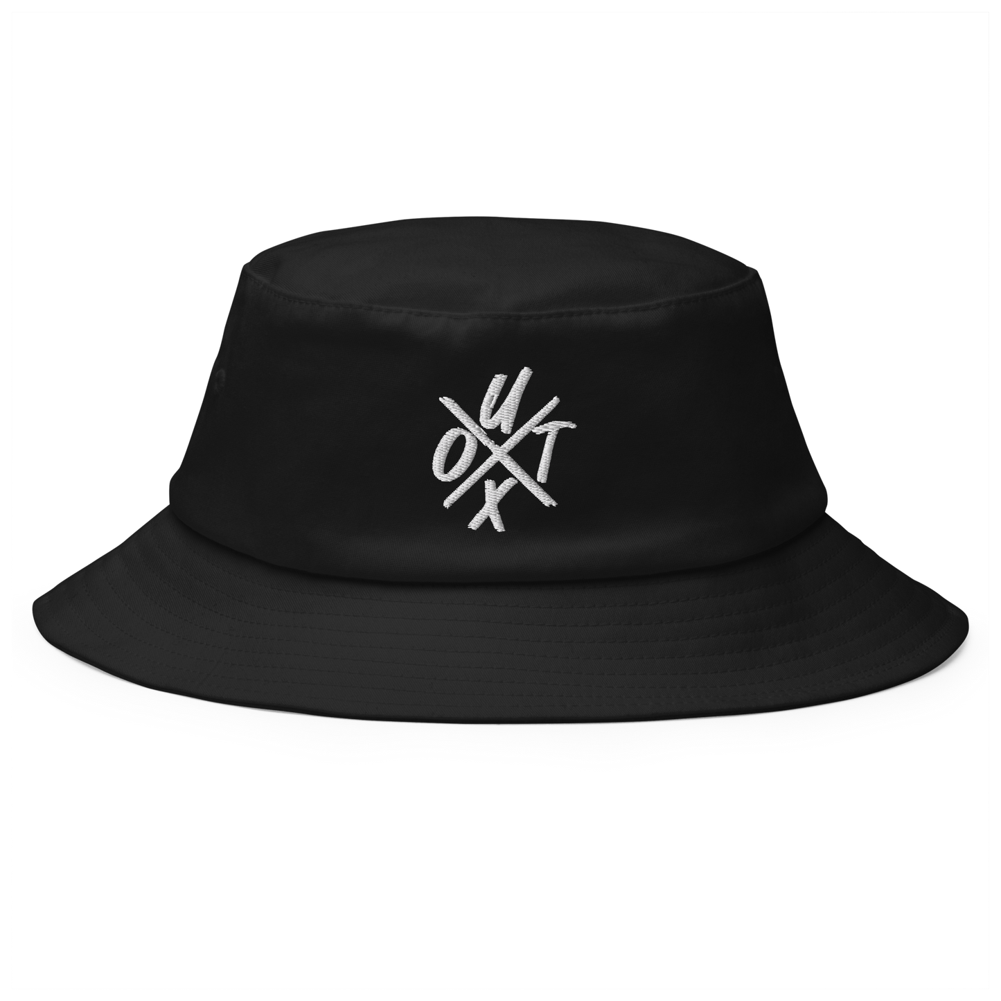 Front view of a black bitcoin bucket hat.