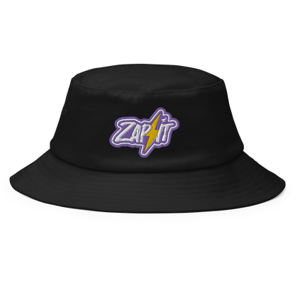 Front view of a black bitcoin bucket hat.