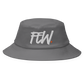 Front view of a grey bitcoin bucket hat.