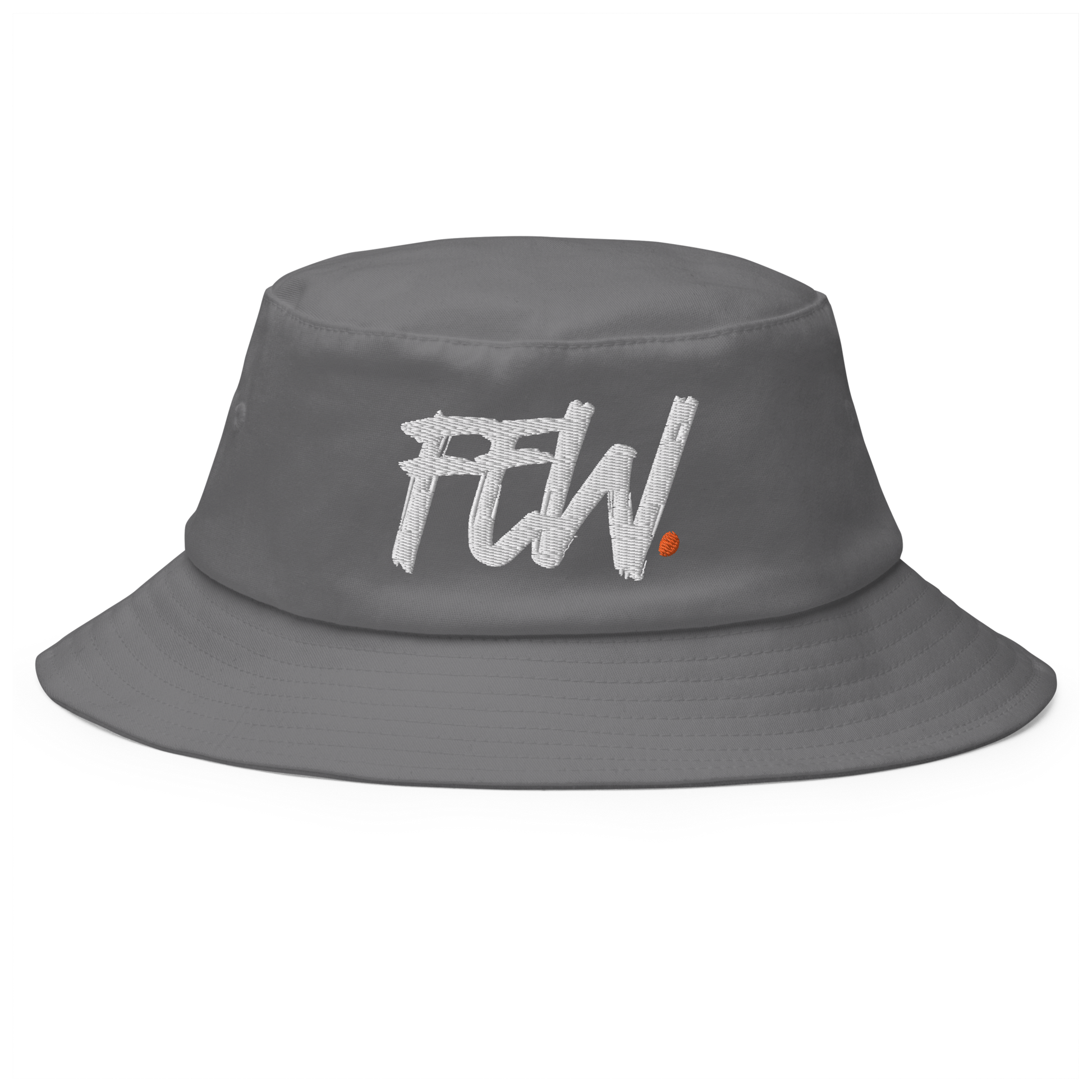 Front view of a grey bitcoin bucket hat.