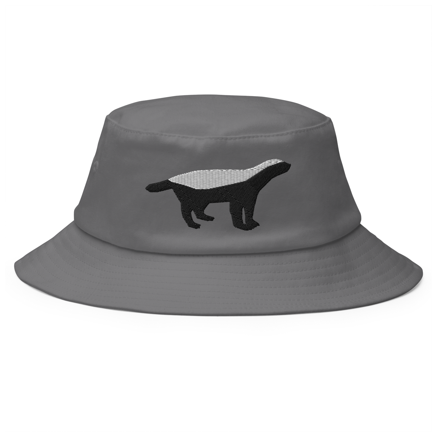 Front view of a grey bitcoin bucket hat.