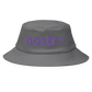 Front view of a grey bitcoin bucket hat.