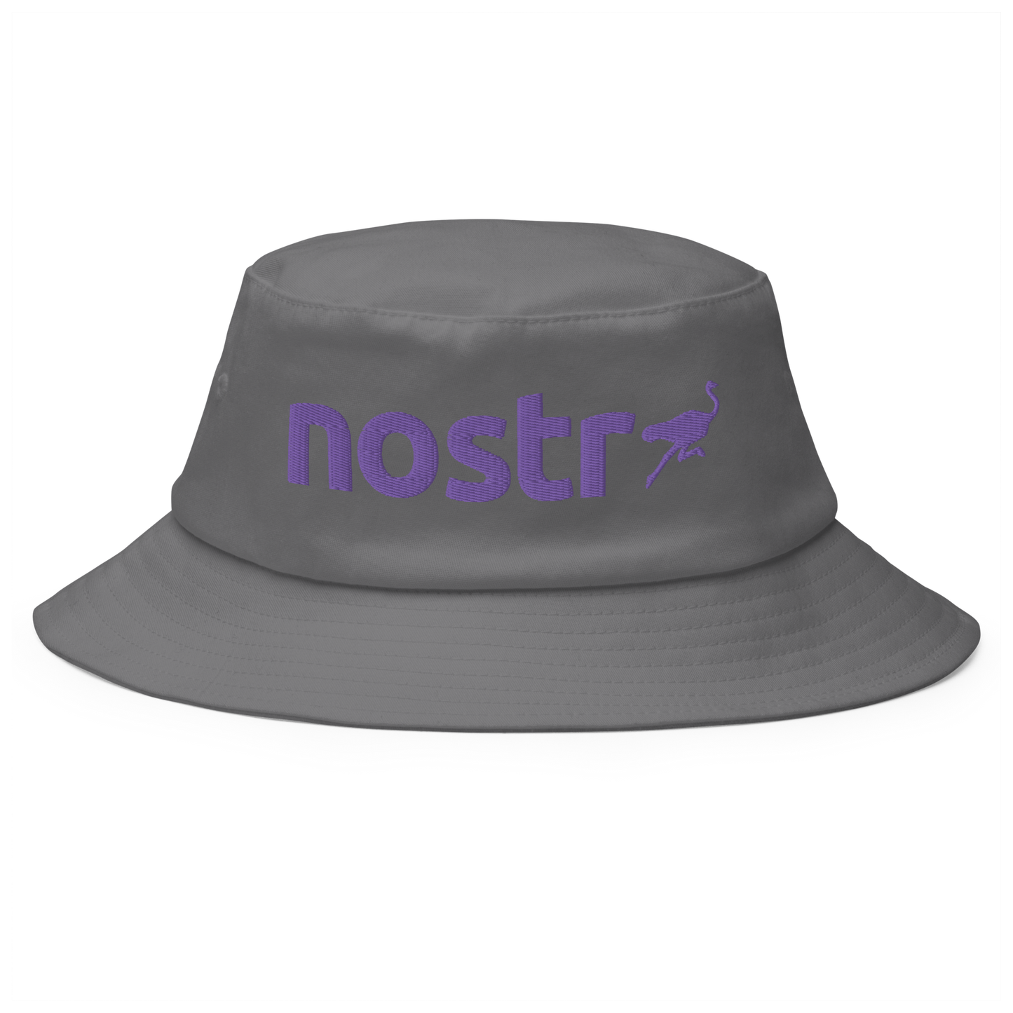 Front view of a grey bitcoin bucket hat.