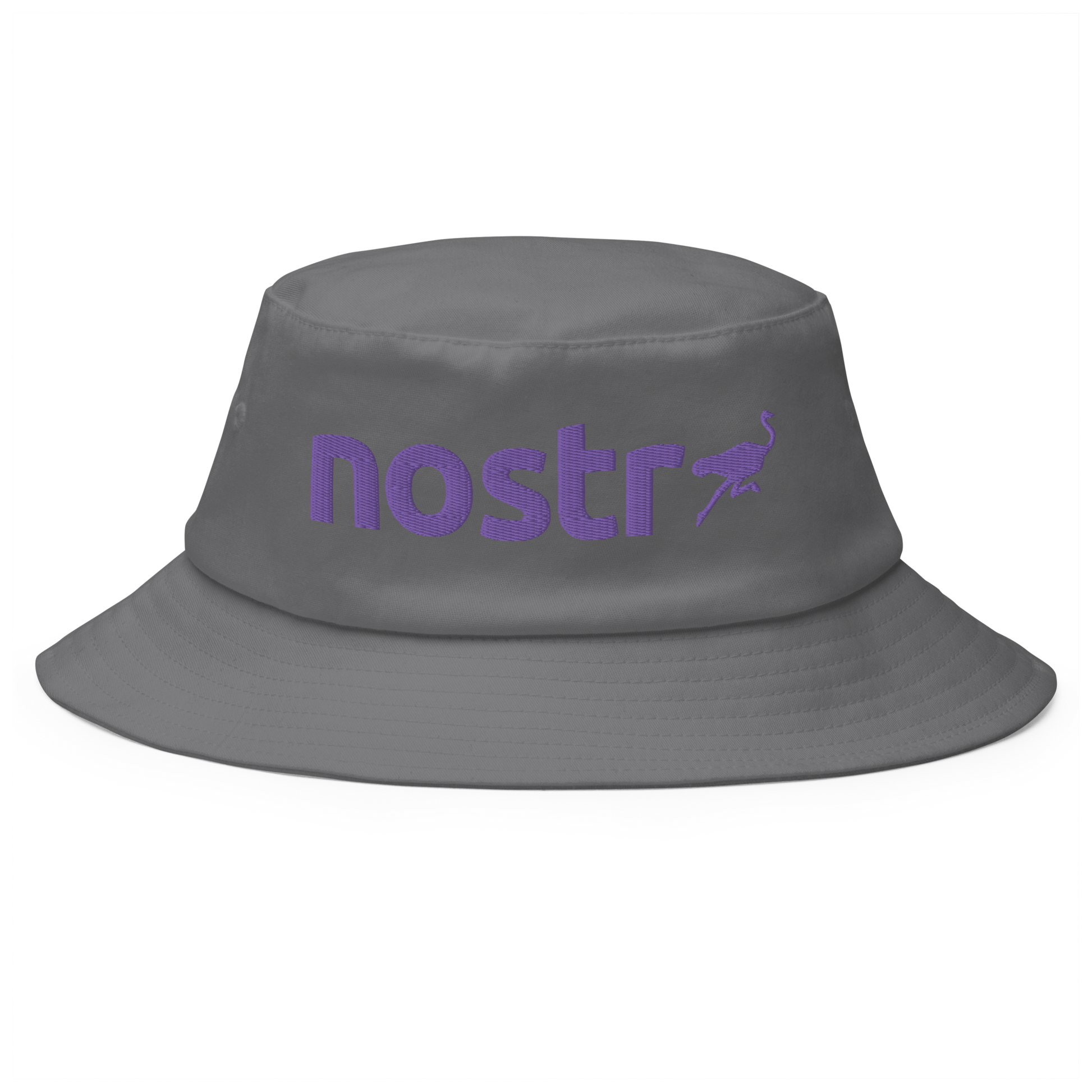 Front view of a grey bitcoin bucket hat.