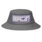 Front view of a grey bitcoin bucket hat.