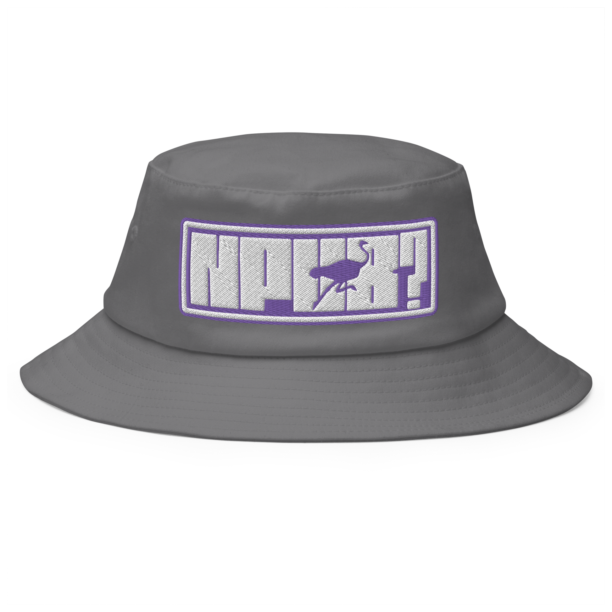 Front view of a grey bitcoin bucket hat.