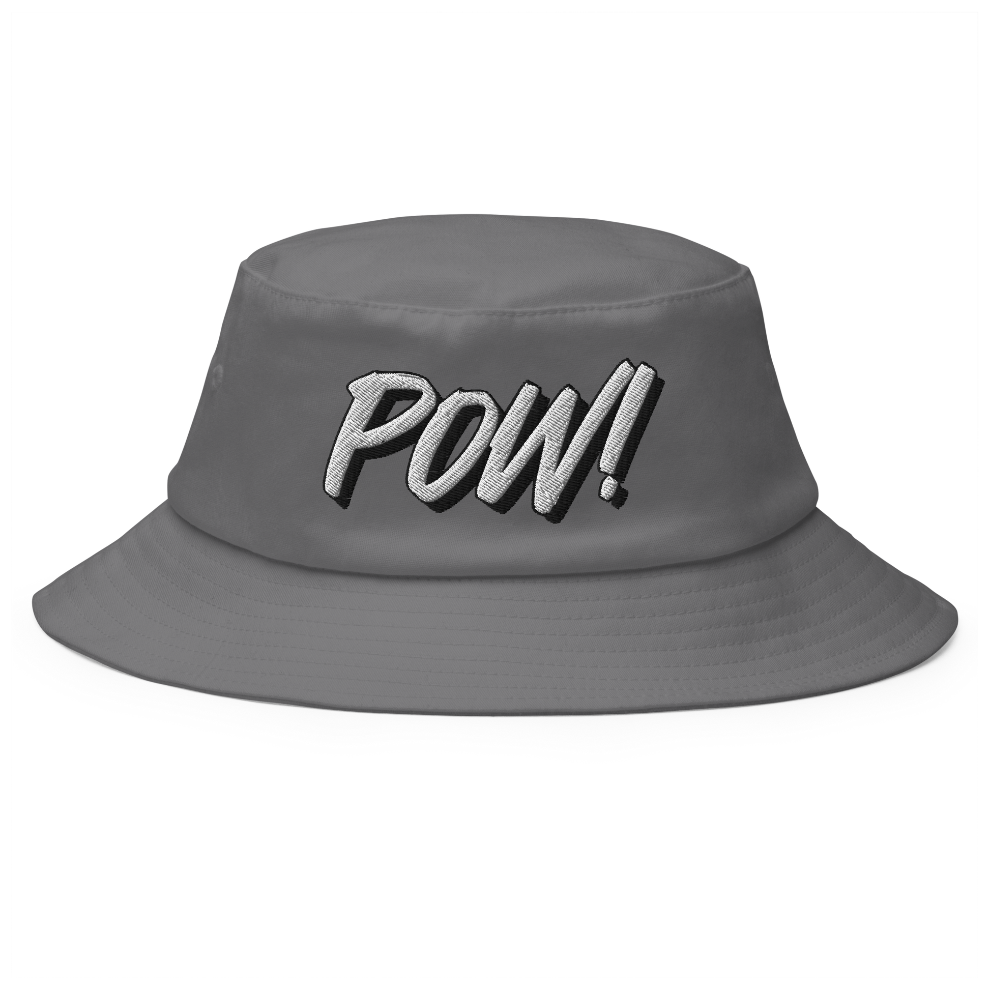 Front view of a grey bitcoin bucket hat.