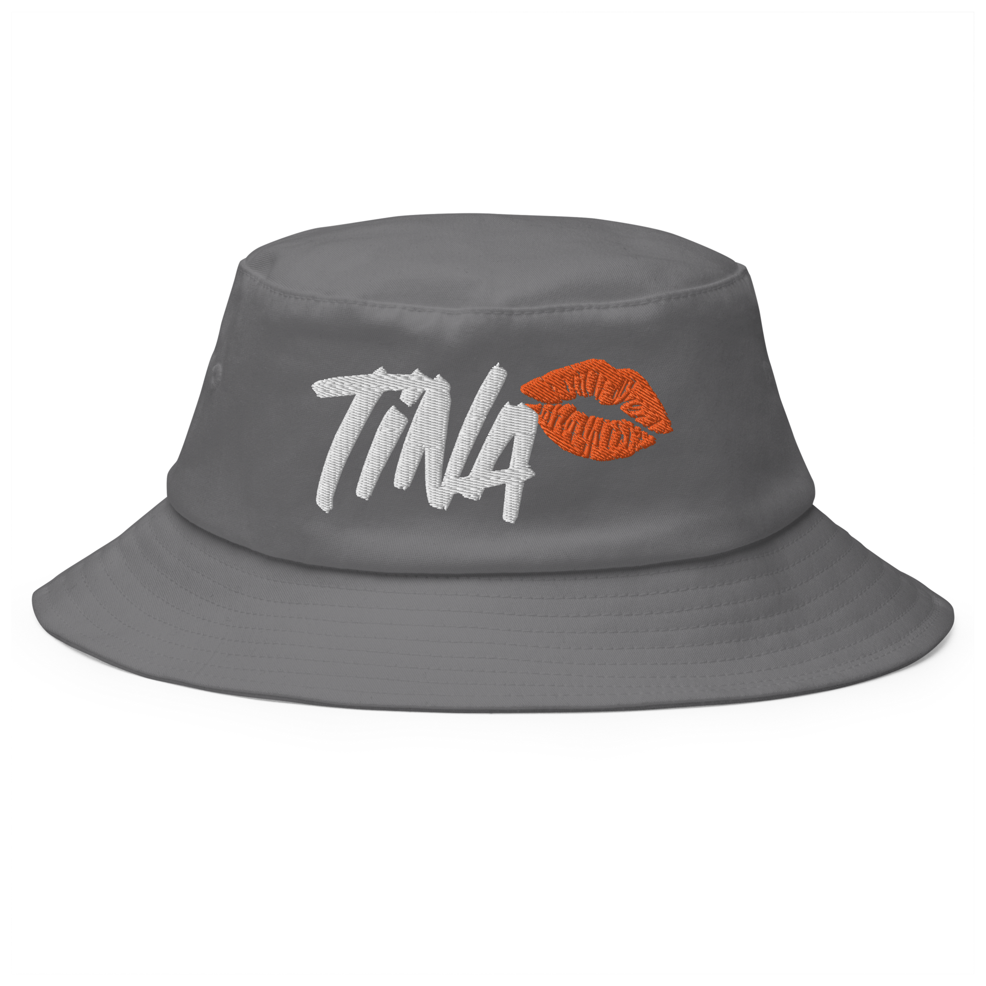 Front view of a grey bitcoin bucket hat.