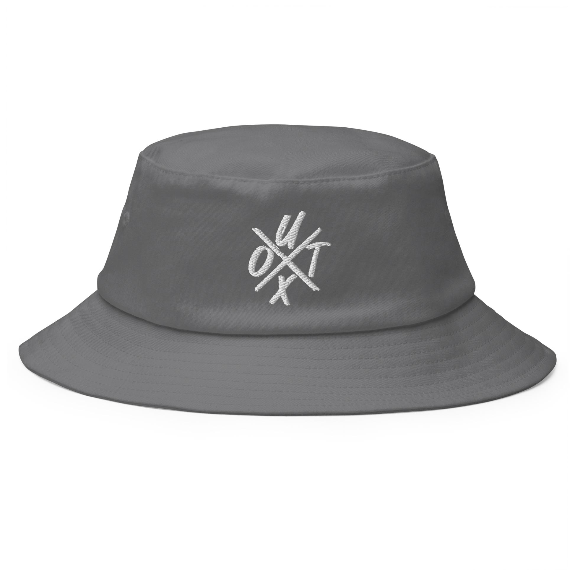 Front view of a grey bitcoin bucket hat.