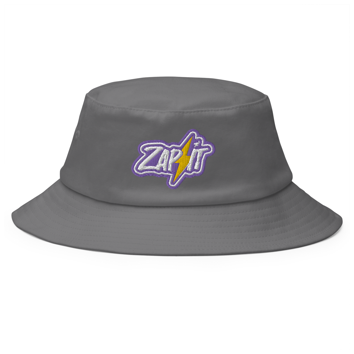 Front view of a grey bitcoin bucket hat.