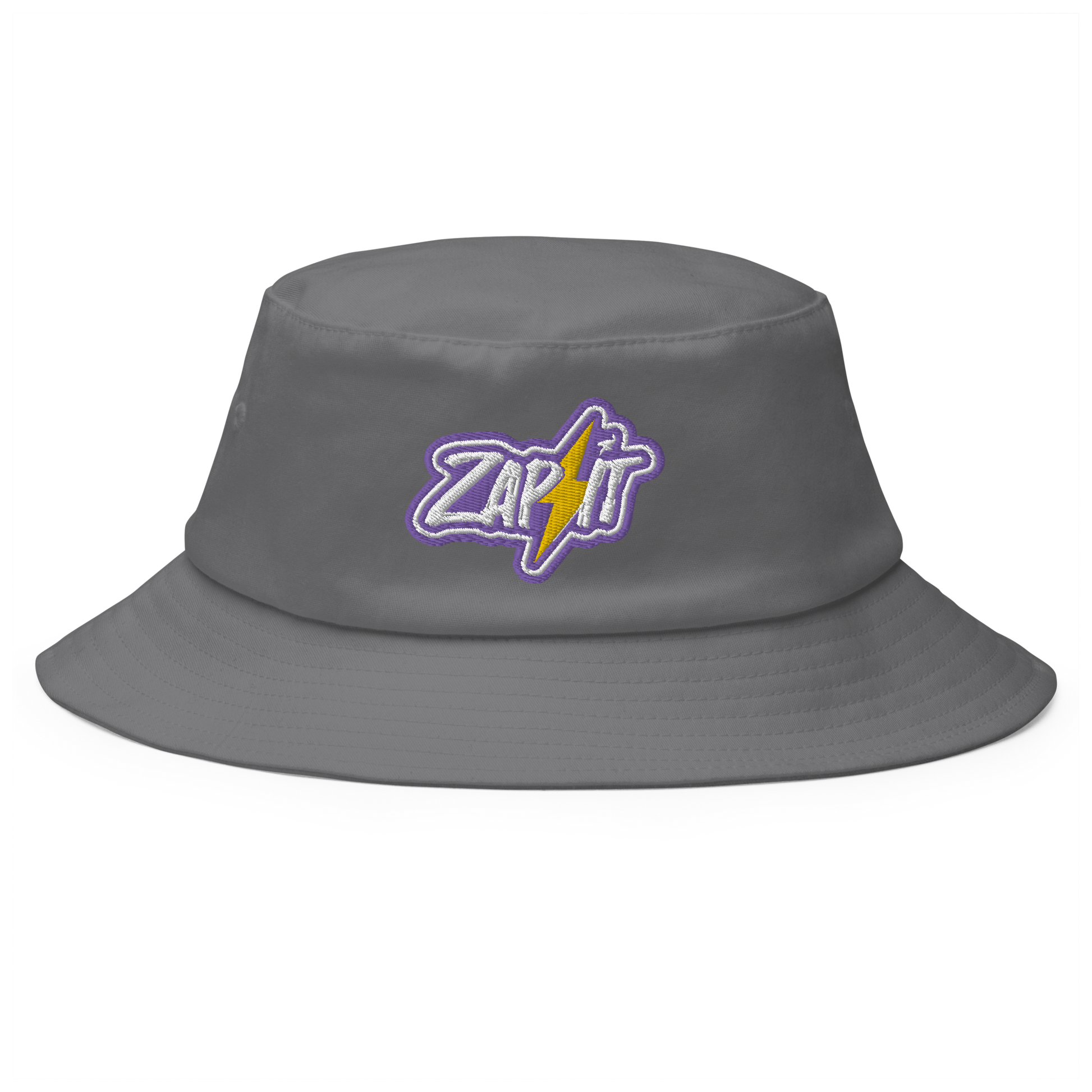 Front view of a grey bitcoin bucket hat.