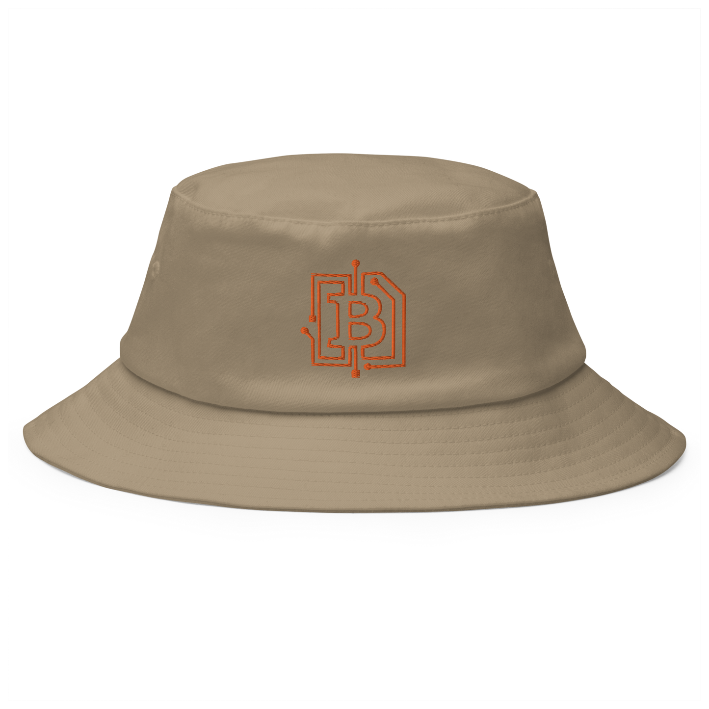 Front view of a khaki bitcoin bucket hat.