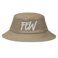 Front view of a khaki bitcoin bucket hat.