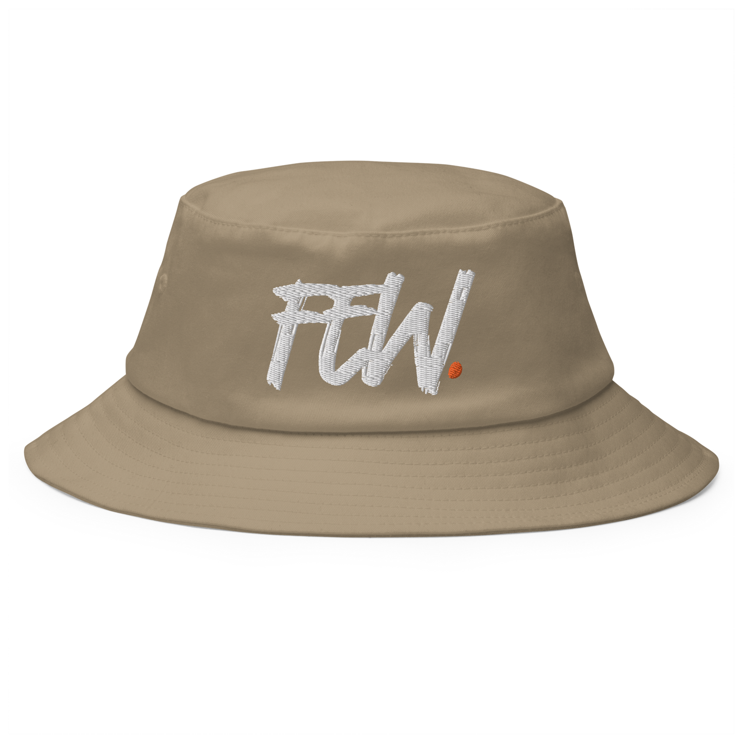 Front view of a khaki bitcoin bucket hat.