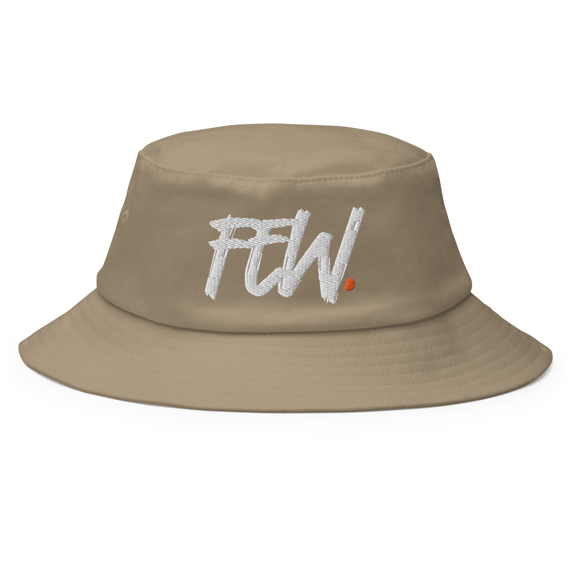 Front view of a khaki bitcoin bucket hat.