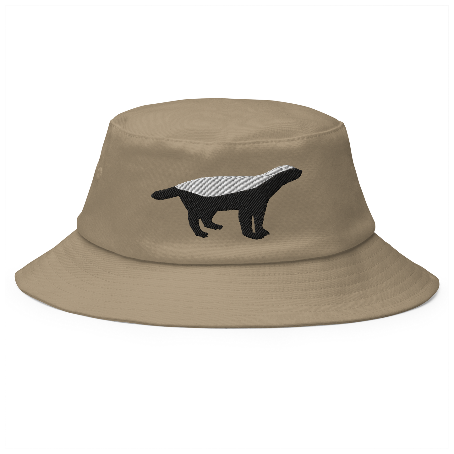 Front view of a khaki bitcoin bucket hat.