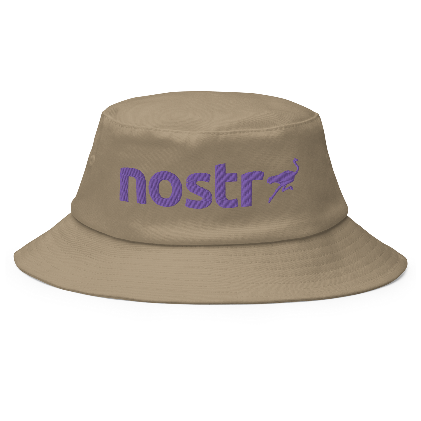 Front view of a khaki bitcoin bucket hat.